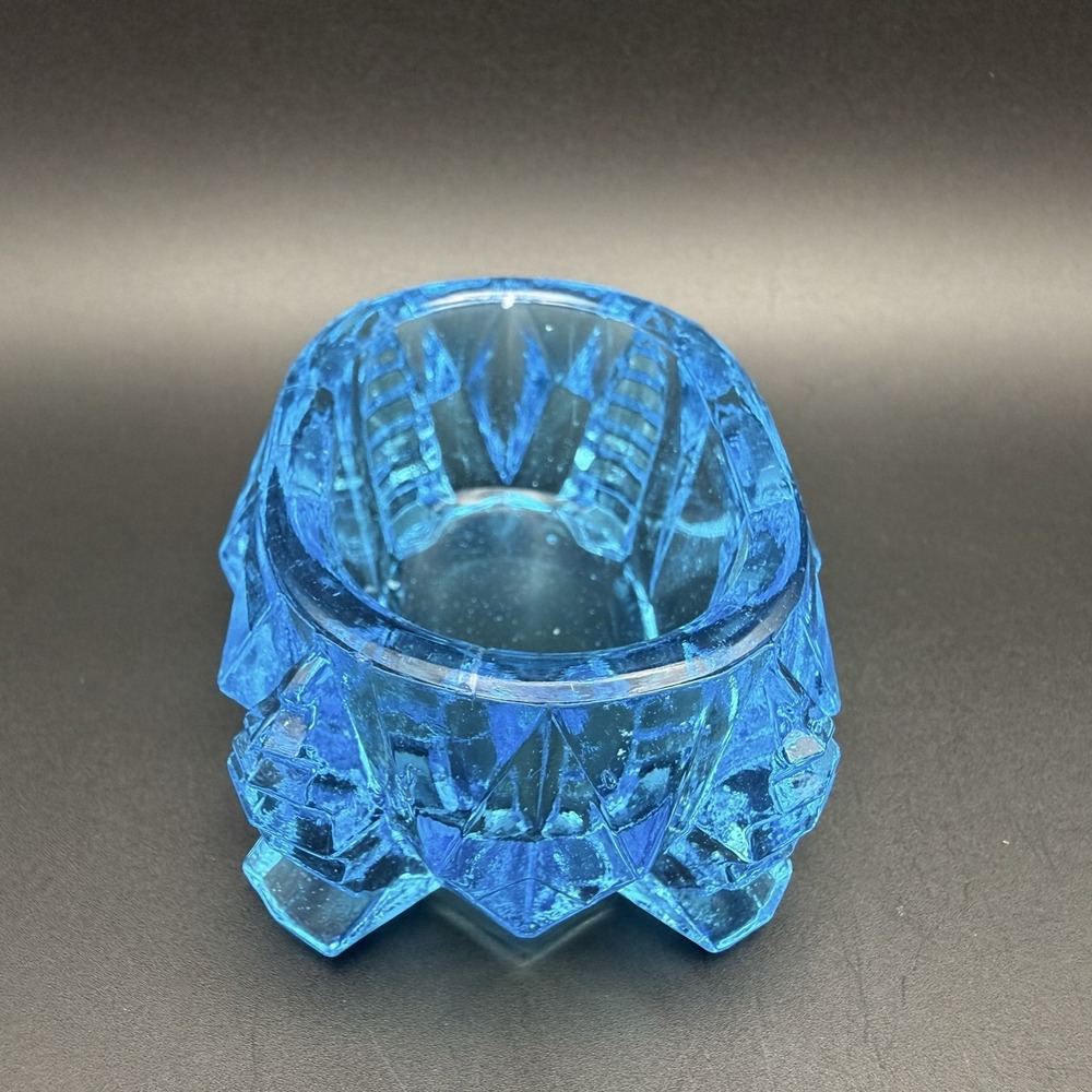 Art Deco Blue Depression Glass Master Salt Cellar Footed Geometric Zipper Design - Picture 6 of 13